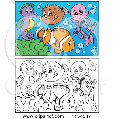 Cartoon of Outlined and Colored Marine Fish - Royalty Free Vector Clipart by visekart