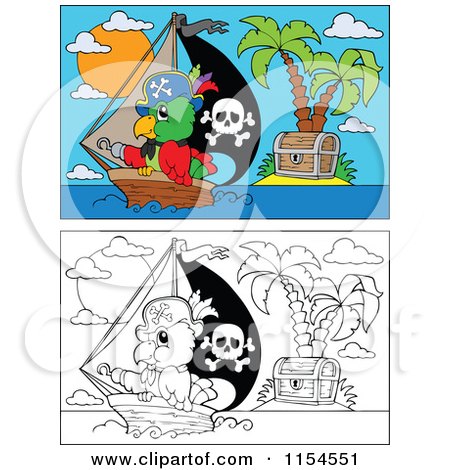 Cartoon of Outlined and Colored Pirate Parrots and Islands - Royalty Free Vector Clipart by visekart