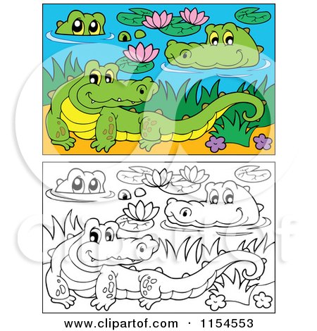 Cartoon of Colored and Outlined Crocodiles in a Swamp - Royalty Free Vector Illustration by visekart