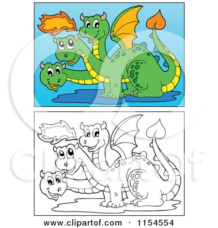 Cartoon of Outlined and Colored Three Headed Dragons - Royalty Free Vector Clipart by visekart