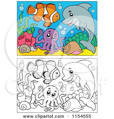 Cartoon of Outlined and Colored Dolphin and Fish - Royalty Free Vector Clipart by visekart
