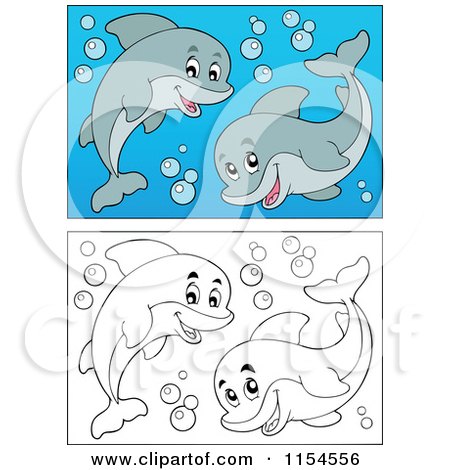 Cartoon of Outlined and Colored Swimming Dolphins - Royalty Free Vector Clipart by visekart