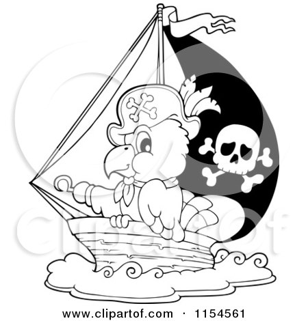 Cartoon of an Outlined Pirate Parrot in a Ship - Royalty Free Vector Clipart by visekart