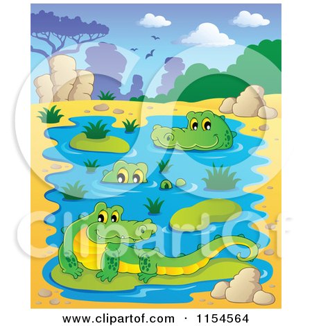 Cartoon of Happy Crocodiles in a Watering Hole - Royalty Free Vector Illustration by visekart