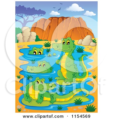 Cartoon of a Pond of Australian Crocodiles - Royalty Free Vector Clipart by visekart