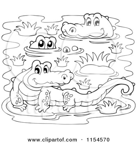 Cartoon of a Coloring Page of Crocodiles in a Swamp - Royalty Free Vector Illustration by visekart