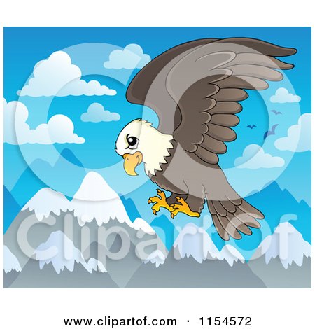 Cartoon of a Bald Eagle Flying over Mountains - Royalty Free Vector Clipart by visekart