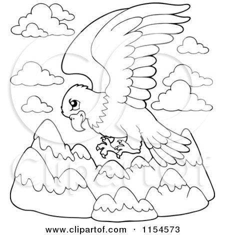 Cartoon of an Outlined Eagle Flying over Mountains - Royalty Free Vector Clipart by visekart