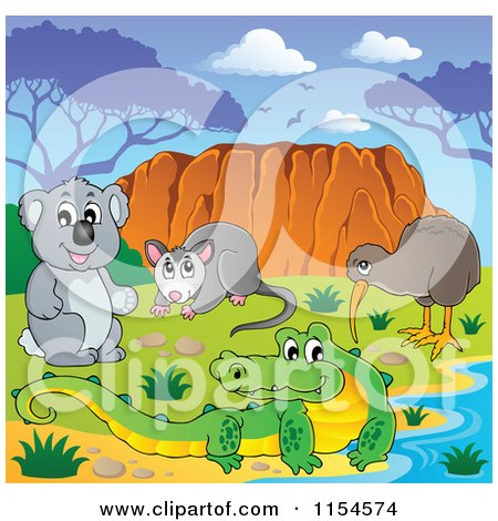 Cartoon of an Aussie Crocodile Possum Koala and Kiwi Bird by Uluru - Royalty Free Vector Clipart by visekart