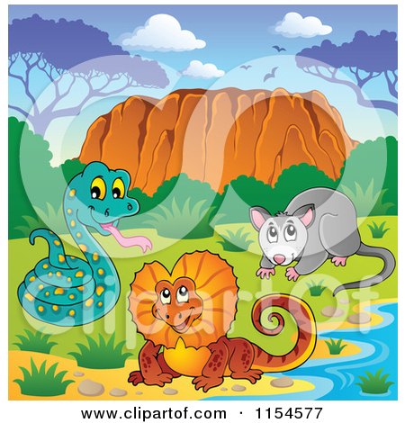 Cartoon of an Aussie Snake Frilled Lizard and Possum by Uluru - Royalty Free Vector Clipart by visekart