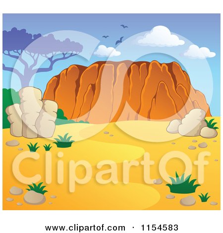 Cartoon of an Australian Landscape with Desert and Ayers Rock - Royalty Free Vector Clipart by visekart