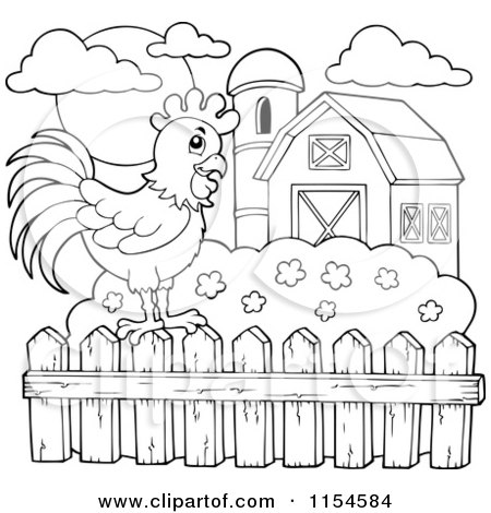Cartoon of an Outlined Rooster on a Farm Fence - Royalty Free Vector Clipart by visekart