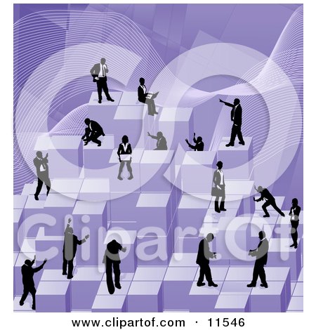 Businessmen Working Together as a Team to Stack Purple Building Blocks of Success Clipart Illustration by AtStockIllustration