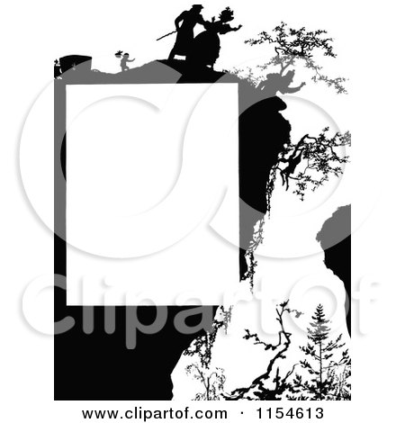 Clipart of a Retro Vintage Silhouetted Person Hanging off of a Cliff Page Border - Royalty Free Vector Clipart by Prawny Vintage