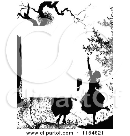 Clipart of a Retro Vintage Silhouetted Girl and Tree Page Border - Royalty Free Vector Clipart by Prawny Vintage