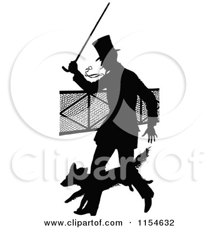 Clipart of a Retro Vintage Silhouetted Man with a Cane and Dog - Royalty Free Vector Clipart by Prawny Vintage