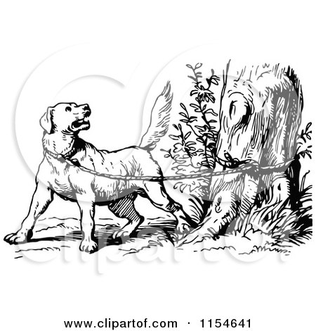 Clipart of a Retro Vintage Black and White Dog Tied to a Tree - Royalty Free Vector Clipart by Prawny Vintage