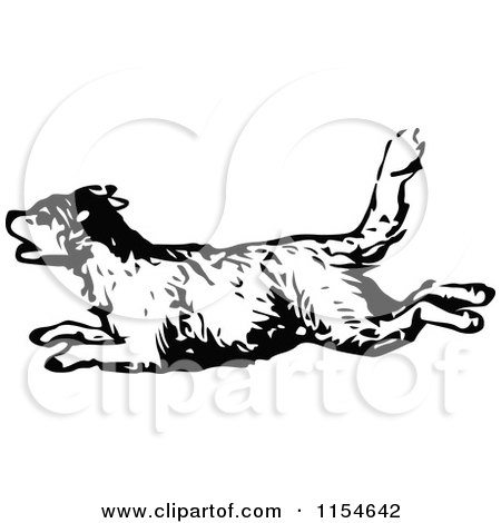 Clipart of a Retro Vintage Black and White Dog Running - Royalty Free Vector Clipart by Prawny Vintage
