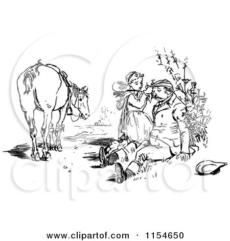 Clipart of a Retro Vintage Black and White Girlmending a Man After Falling - Royalty Free Vector Clipart by Prawny Vintage