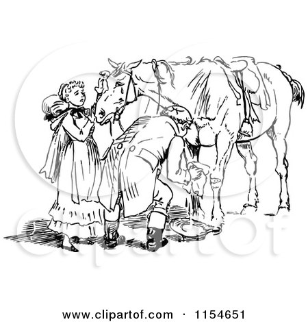 Clipart of a Retro Vintage Black and White Couple Tending to an Injured Horse - Royalty Free Vector Clipart by Prawny Vintage