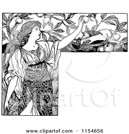 Clipart of a Retro Vintage Black and White Woman Picking Fruit with Copyspace - Royalty Free Vector Clipart by Prawny Vintage