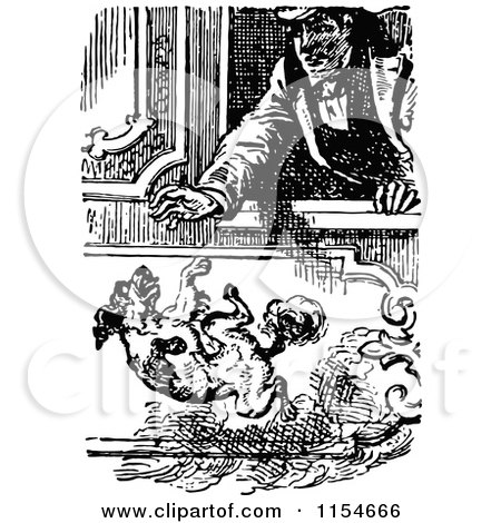 Clipart of a Retro Vintage Black and White Man Dropping a Dog out of a Window - Royalty Free Vector Clipart by Prawny Vintage