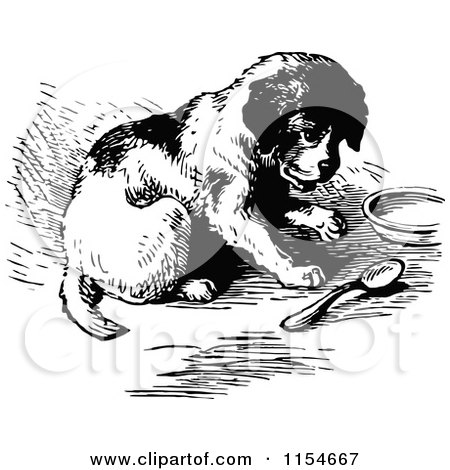 Clipart of a Retro Vintage Black and White Puppy with a Spoon and Dish - Royalty Free Vector Clipart by Prawny Vintage