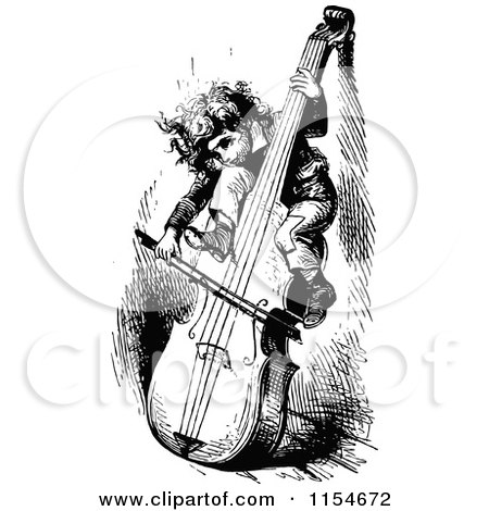 Clipart of a Retro Vintage Black and White Boy Playing a Cello| Royalty Free Vector Clipart by Prawny Vintage