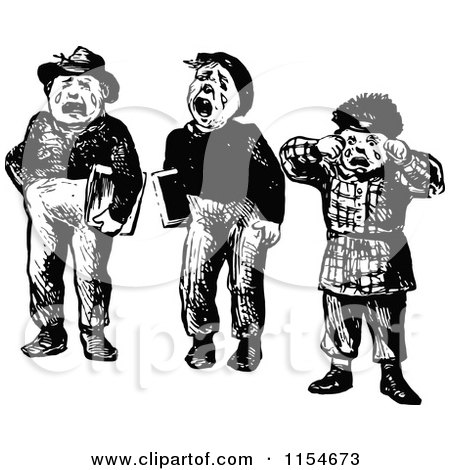 Clipart of a Retro Vintage Black and White Trio of Crying Boys - Royalty Free Vector Clipart by Prawny Vintage