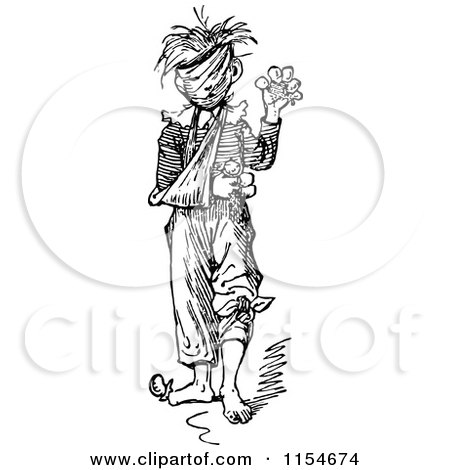 Clipart of a Retro Vintage Black and White Injured Boy - Royalty Free Vector Clipart by Prawny Vintage