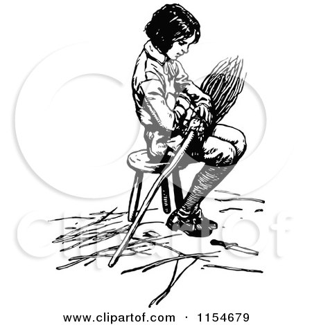Clipart of a Retro Vintage Black and White Boy Sitting on a Stool with a Broom - Royalty Free Vector Clipart by Prawny Vintage