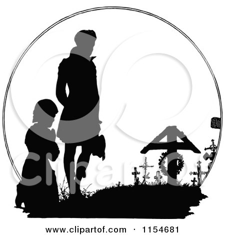 Clipart of a Retro Vintage Black and White Silhouetted Men Mourning at a Grave - Royalty Free Vector Clipart by Prawny Vintage