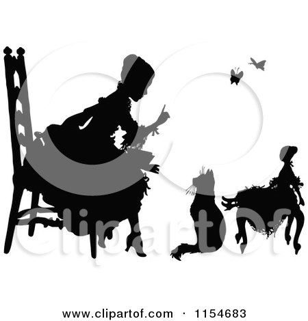 Clipart of a Retro Vintage Silhouetted Girl Talking to Her Cat and Doll - Royalty Free Vector Clipart by Prawny Vintage