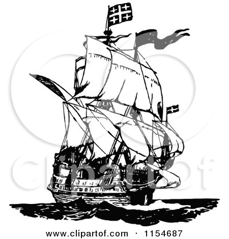 Clipart of a Retro Vintage Black and White Ship - Royalty Free Vector Clipart by Prawny Vintage