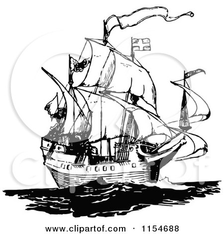 Clipart of a Retro Vintage Black and White Ship 2 - Royalty Free Vector Clipart by Prawny Vintage