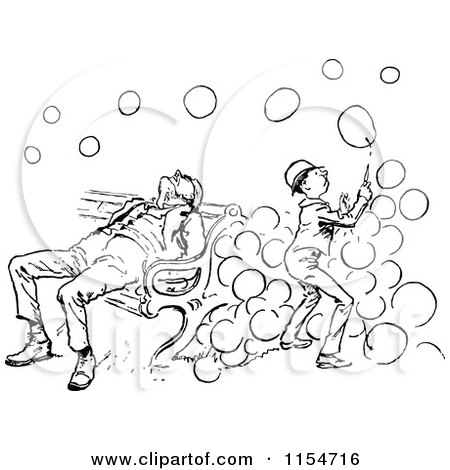 Clipart of a Retro Vintage Black and White Boy Playing with Bubbles by a Sleeping Man - Royalty Free Vector Clipart by Prawny Vintage