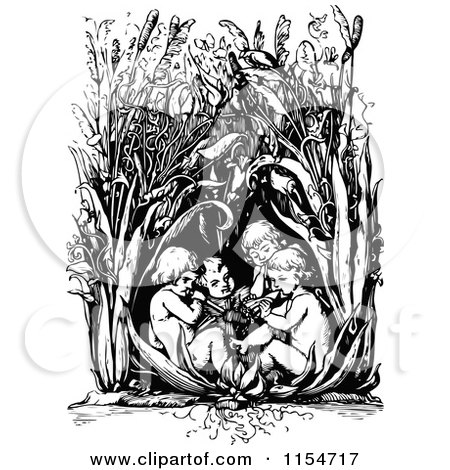 Clipart of a Retro Vintage Black and White Group of Children Playing in Tall Plants - Royalty Free Vector Clipart by Prawny Vintage