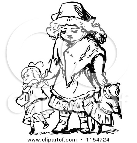 Clipart of a Retro Vintage Black and White Girl Walking with Dolls - Royalty Free Vector Clipart by Prawny Vintage