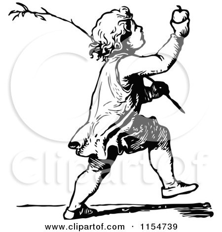 Clipart of a Retro Vintage Black and White Boy Holding up an Apple - Royalty Free Vector Clipart by Prawny Vintage