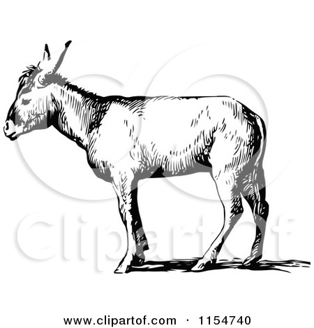 Clipart of a Retro Vintage Black and White Donkey in Profile - Royalty Free Vector Clipart by Prawny Vintage