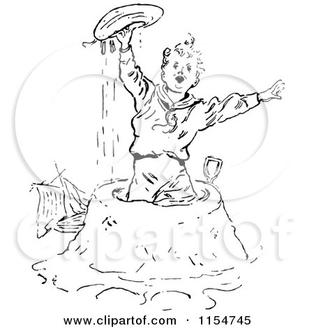 Clipart of a Retro Vintage Black and White Boy Playing in a Sand Pile at the Beach - Royalty Free Vector Clipart by Prawny Vintage