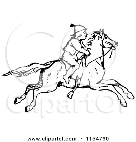 Clipart of a Retro Vintage Black and White Boy on a Horse - Royalty Free Vector Clipart by Prawny Vintage