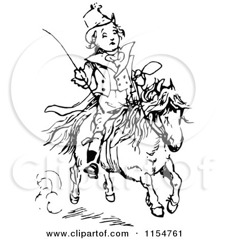 Clipart of a Retro Vintage Black and White Boy on a Pony - Royalty Free Vector Clipart by Prawny Vintage