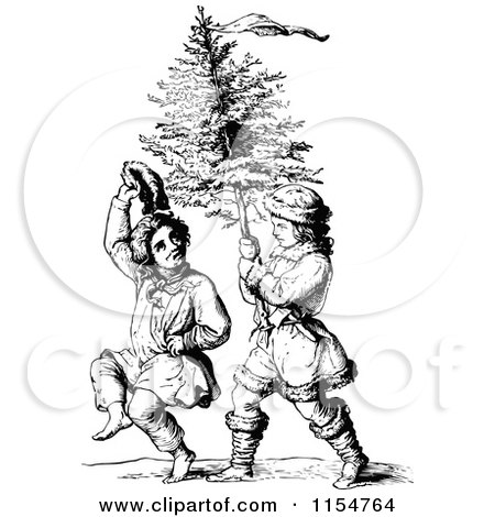Clipart of Retro Vintage Black and White Boys Carrying a Christmas Tree - Royalty Free Vector Clipart by Prawny Vintage