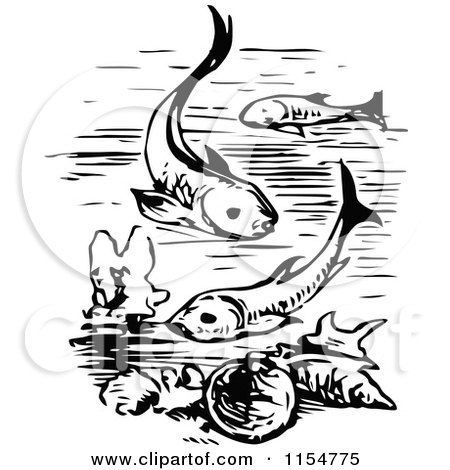 Clipart of a Retro Vintage Black and White Scene with Fish - Royalty Free Vector Clipart by Prawny Vintage