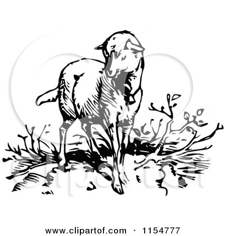 Clipart of a Retro Vintage Black and White Lamb - Royalty Free Vector Clipart by Prawny Vintage