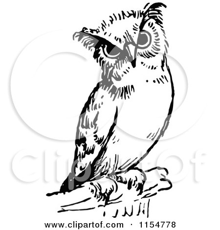 Clipart of a Retro Vintage Black and White Owl - Royalty Free Vector Clipart by Prawny Vintage