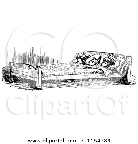 Clipart of a Retro Vintage Black and White Group of Children Sharing a Bed 2 - Royalty Free Vector Clipart by Prawny Vintage