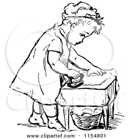 Clipart of a Retro Vintage Black and White Girl Ironing - Royalty Free Vector Clipart by Prawny Vintage