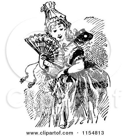 Clipart of a Retro Vintage Black and White Lady with a Fan and Mask - Royalty Free Vector Clipart by Prawny Vintage